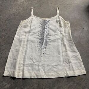 Eileen Fisher White Organic Linen Embellished Tank Top Sz L Boho Lagenlook